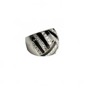 Black Enamel Rhinestone Stripes Geometric Statement Ring Silver Tone Size 5